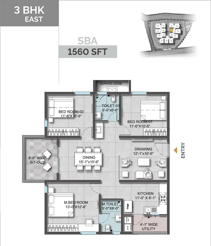 3BHK (1560 sqft) floor plan