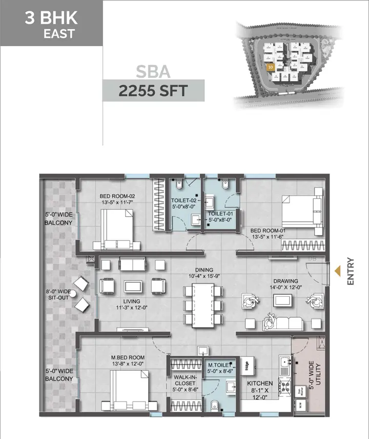 3BHK (2255 sqft) floor plan