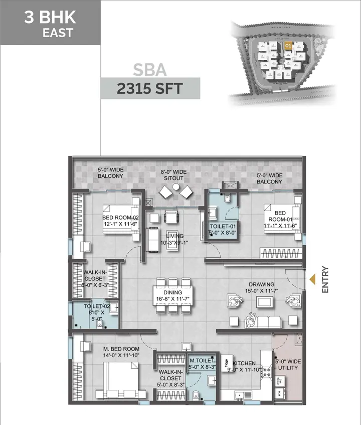 3BHK (2315 sqft) floor plan