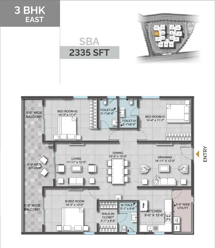 3BHK (2335 sqft) floor plan