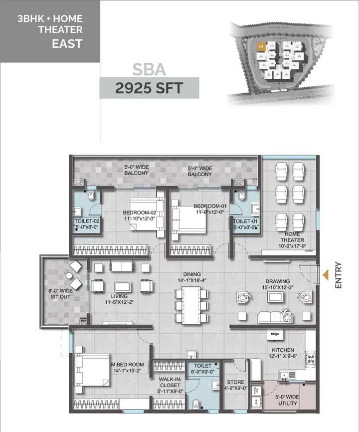 3BHK (2925 sqft) floor plan