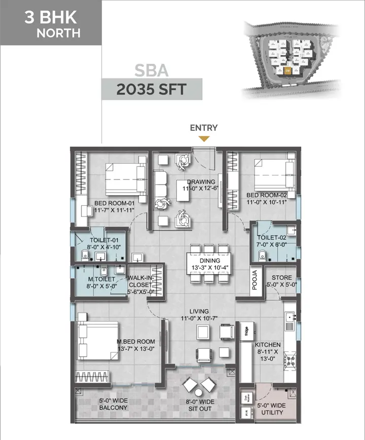 3BHK (2035 sqft) floor plan