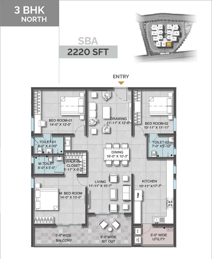 3BHK (2220 sqft) floor plan