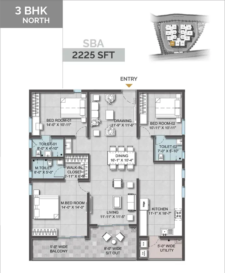 3BHK (2225 sqft) floor plan