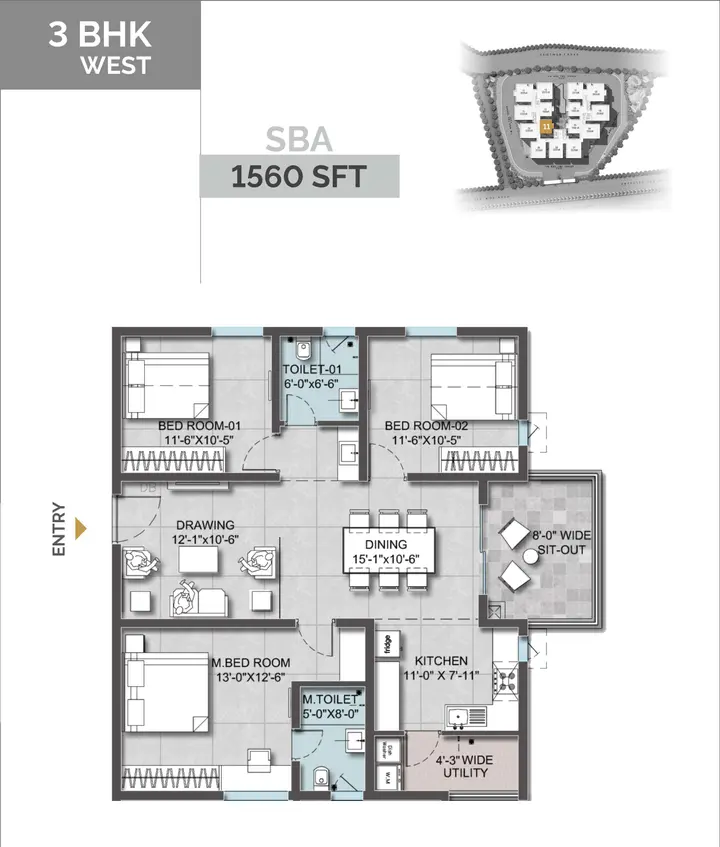 3BHK (1560 sqft) floor plan