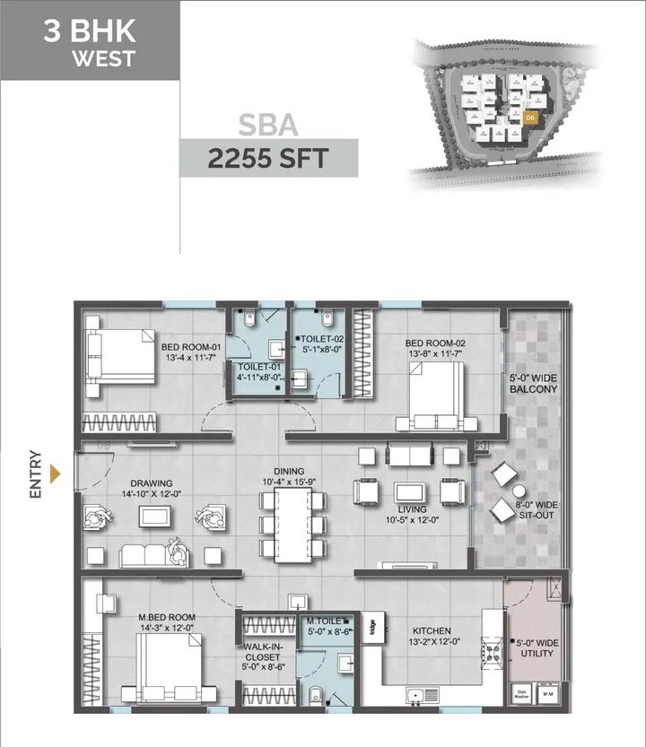 3BHK (2255 sqft) floor plan