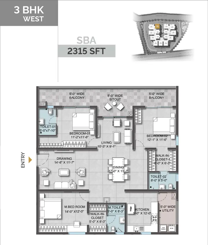 3BHK (2315 sqft) floor plan