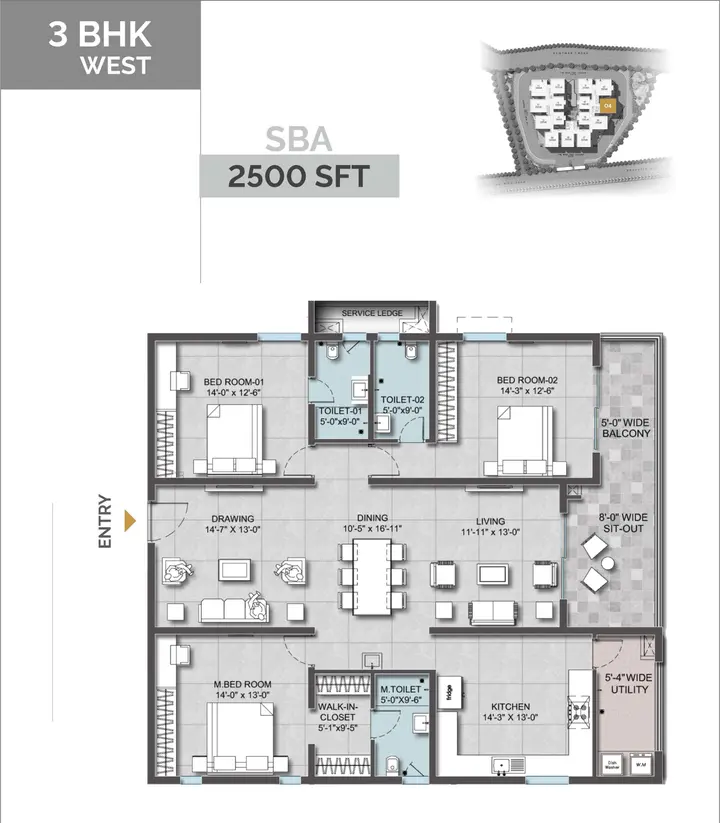 3BHK (2500 sqft) floor plan