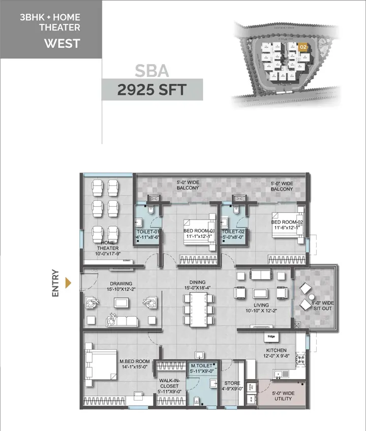 3BHK (2925 sqft) floor plan